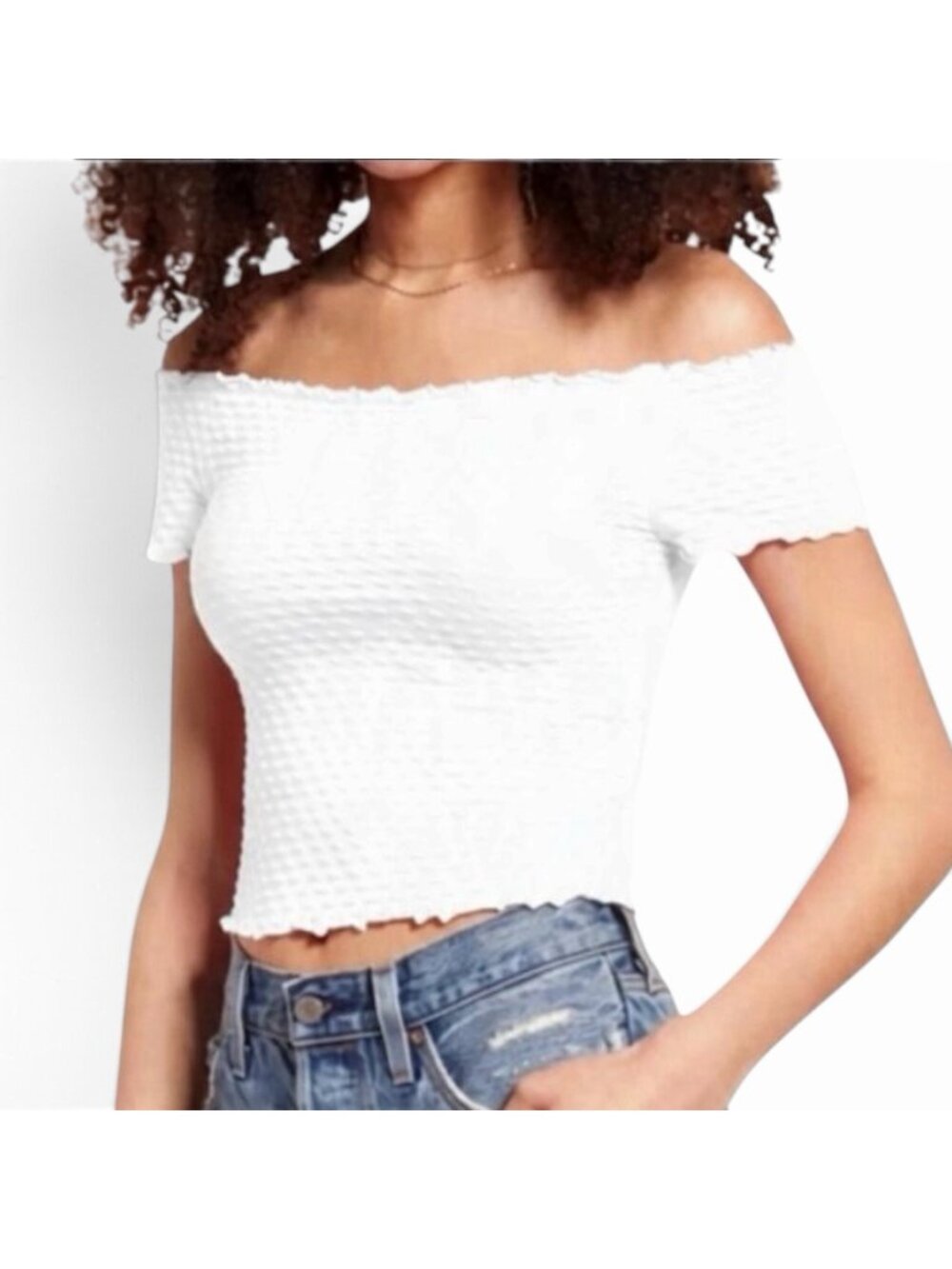 BP. Brass Plum Off Shoulder Crop Top Size Medium White Textured Puckered Stretch